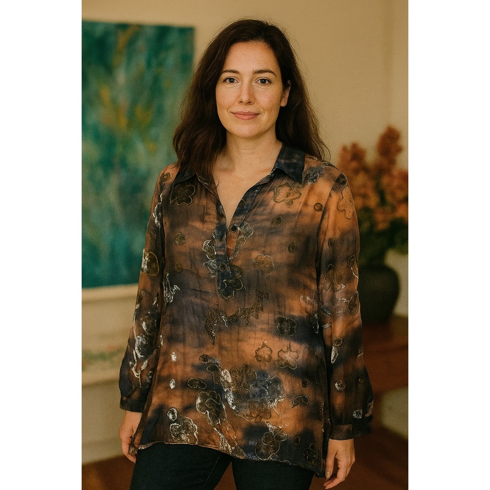 Mariella‎ Burani Top Womens 46 Large Silk & Velvet Burnout Rust Tie Dye Tunic